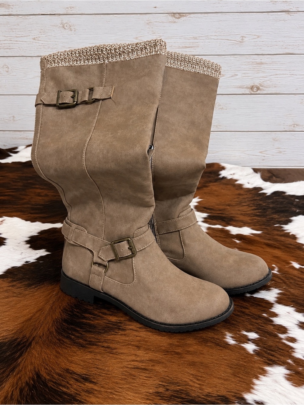 Women's Taupe Knit-Trim Mid-Calf Buckle Boots by Just Fab Size 8.5